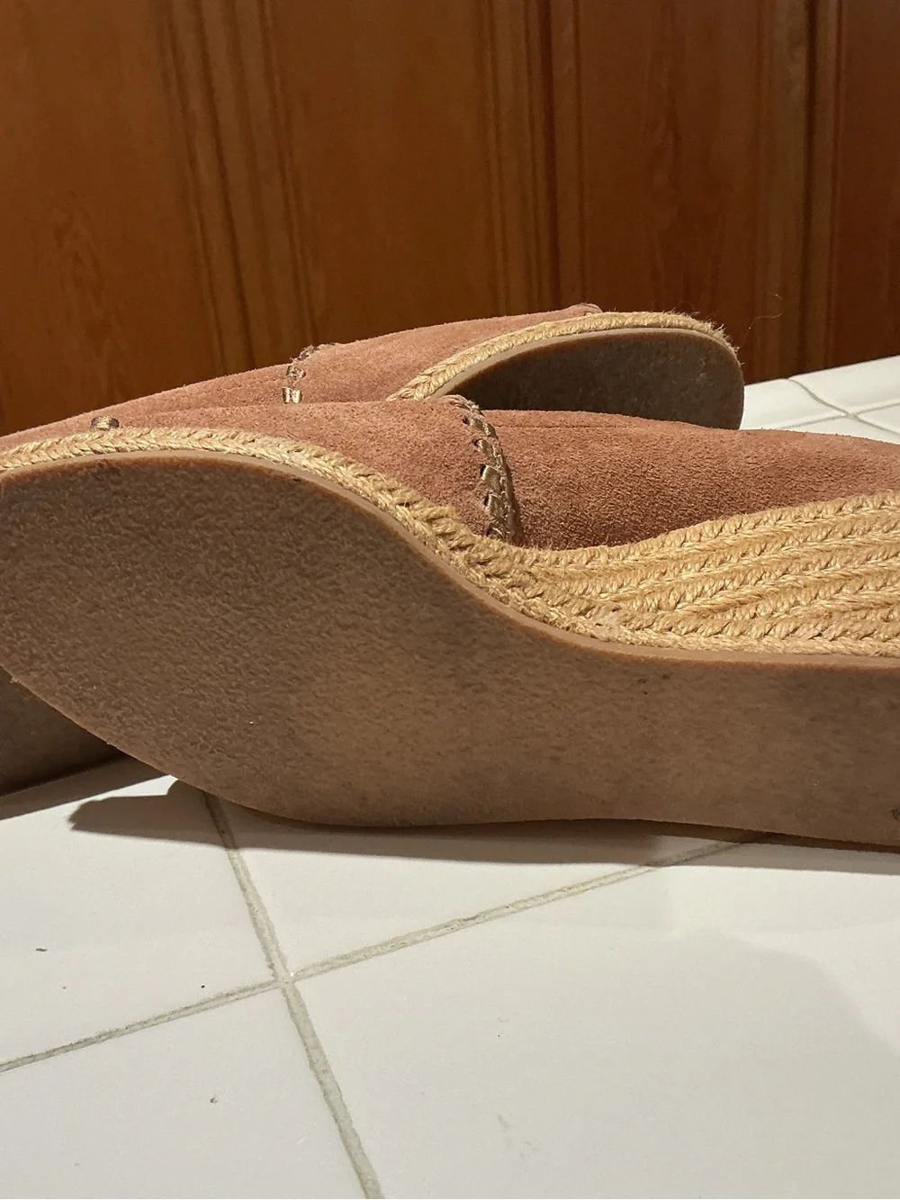 Jack Rogers Palmer Espadrille Wedge Sandals Rose Gold Suede Whipstitch Peep Toe